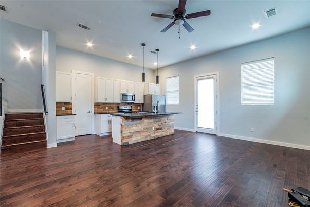 Empty room, Interior, Kitchen, Pendant Lights, Recessed Lighting, Wood Texture Flooring