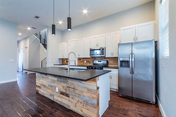 Interior, Kitchen, Pendant Lights, Recessed Lighting, Stainless Steel Appliances, Wood Texture Flooring