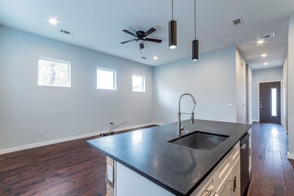 Empty room, Interior, Kitchen, Recessed Lighting, Wood Texture Flooring