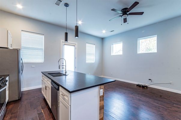 Interior, Kitchen, Pendant Lights, Recessed Lighting, Wood Texture Flooring