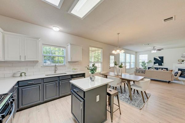 Dining room, Fireplace, Interior, Kitchen, Living room, Pendant Lights, Wood Texture Flooring