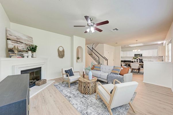 Dining room, Fireplace, Interior, Kitchen, Living room, Pendant Lights, Recessed Lighting, Stainless Steel Appliances, Wood Texture Flooring