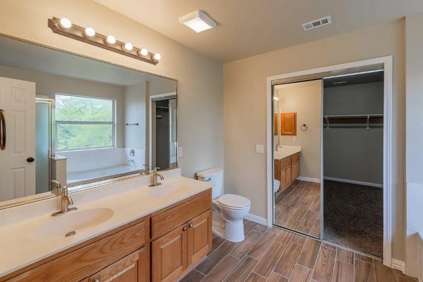 Bathroom, Dual Sink Vanities, Interior, Walk-in Closets, Wood Texture Flooring