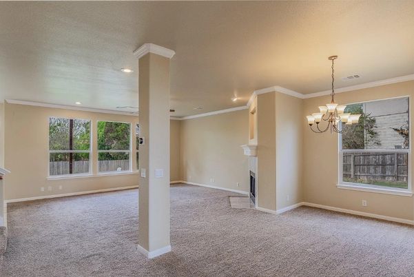 Chandelier, Empty room, Fireplace, Interior, Recessed Lighting