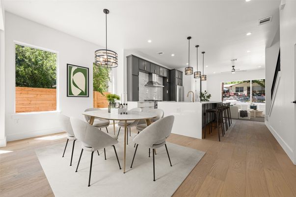 Dining room, Interior, Kitchen, Pendant Lights, Recessed Lighting, Wood Texture Flooring
