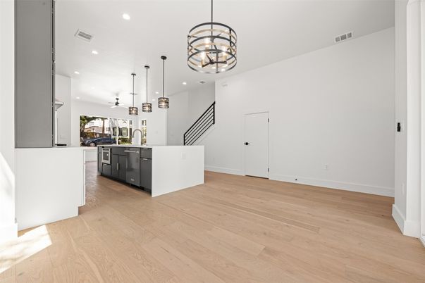 Interior, Kitchen, Pendant Lights, Recessed Lighting, Wood Texture Flooring