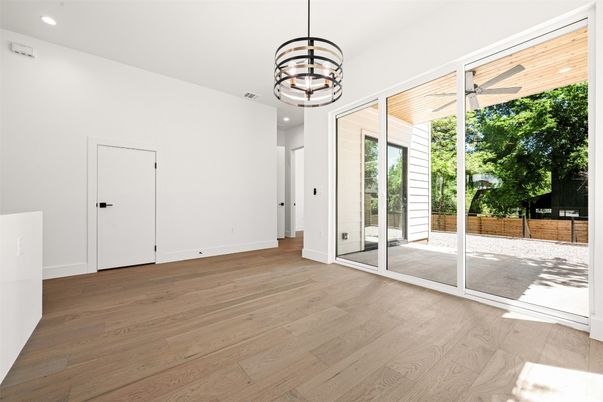Chandelier, Empty room, Interior, Pendant Lights, Recessed Lighting, Wood Texture Flooring
