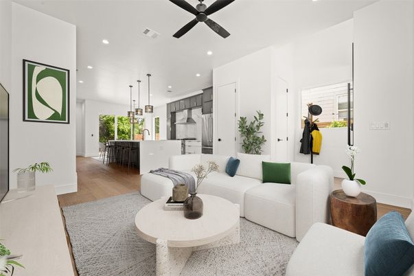 Interior, Kitchen, Living room, Pendant Lights, Recessed Lighting, Stainless Steel Appliances, Wood Texture Flooring