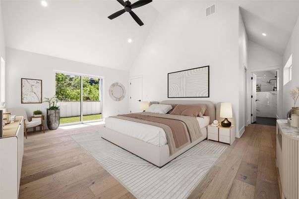 Bedroom, Interior, Recessed Lighting, Wood Texture Flooring