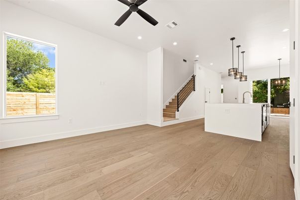 Interior, Kitchen, Pendant Lights, Recessed Lighting, Wood Texture Flooring