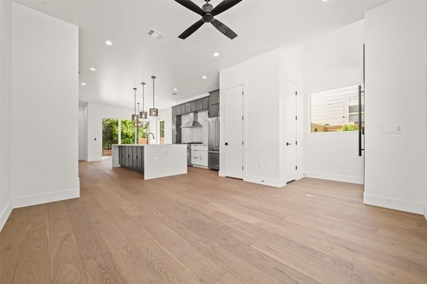 Interior, Kitchen, Pendant Lights, Recessed Lighting, Wood Texture Flooring