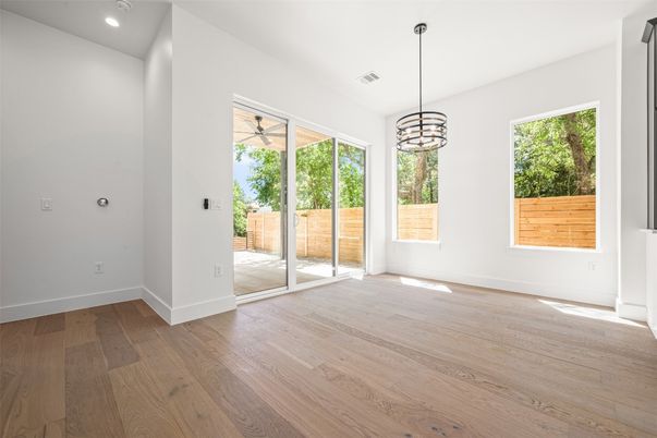 Chandelier, Empty room, Interior, Pendant Lights, Recessed Lighting, Wood Texture Flooring
