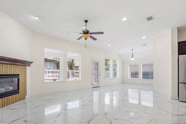 Empty room, Fireplace, Interior, Marble, Pendant Lights, Recessed Lighting