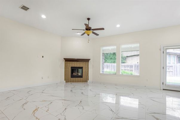 Empty room, Fireplace, Interior, Marble, Recessed Lighting