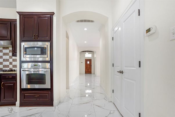 Interior, Kitchen, Marble, Recessed Lighting, Stainless Steel Appliances