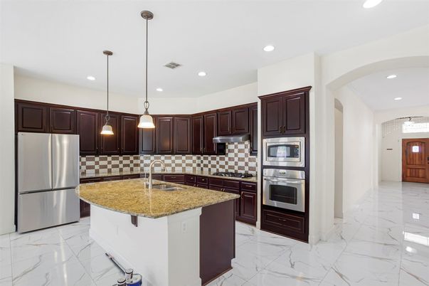 Interior, Kitchen, Marble, Pendant Lights, Recessed Lighting, Stainless Steel Appliances