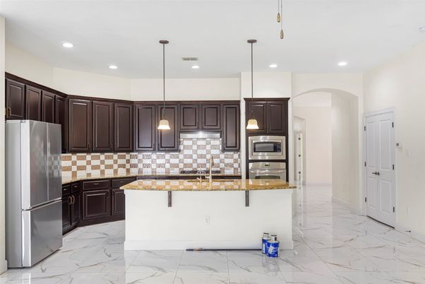 Interior, Kitchen, Marble, Pendant Lights, Recessed Lighting, Stainless Steel Appliances