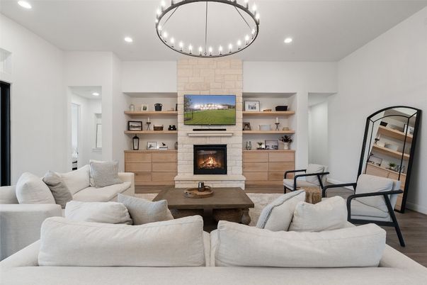 Fireplace, Interior, Living room, Recessed Lighting, Stone Walls, Wood Texture Flooring