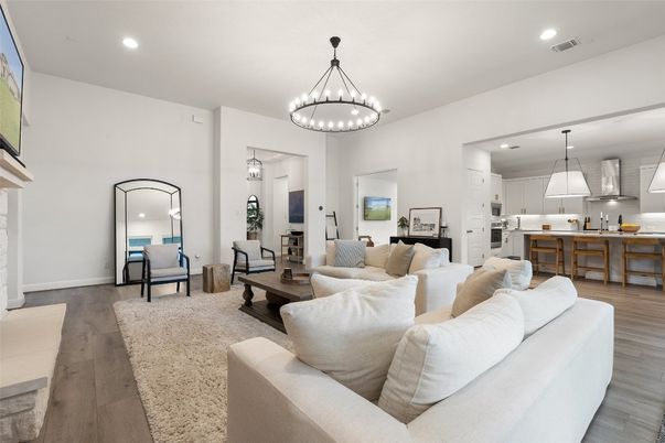 Interior, Kitchen, Living room, Pendant Lights, Recessed Lighting, Wood Texture Flooring