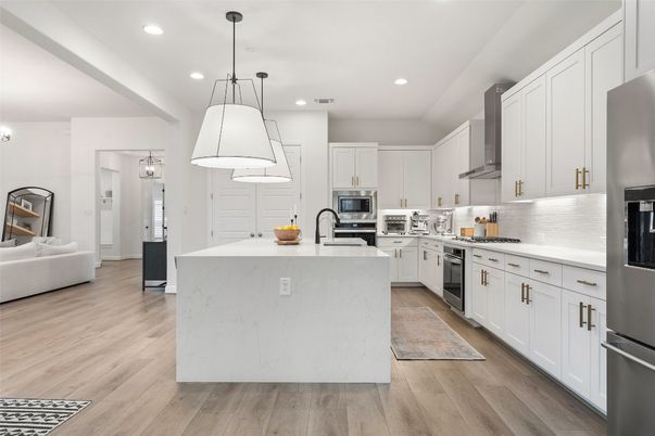 Interior, Kitchen, Pendant Lights, Recessed Lighting, Stainless Steel Appliances, Wood Texture Flooring