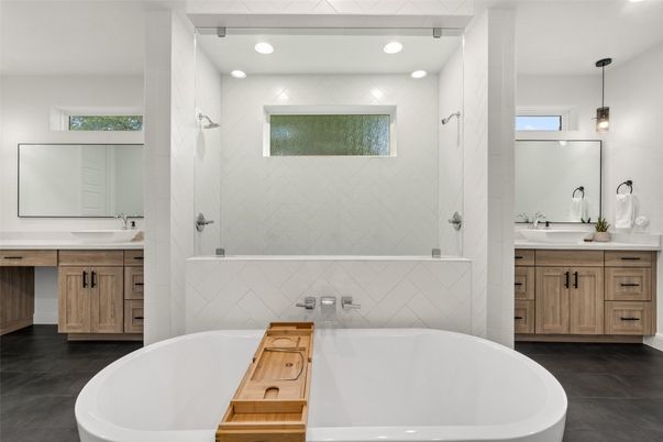 Bathroom, Dual Sink Vanities, Free Standing Baths, Interior, Pendant Lights, Recessed Lighting