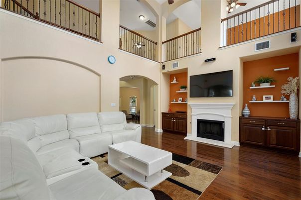 Fireplace, Interior, Living room, Recessed Lighting, Wood Texture Flooring