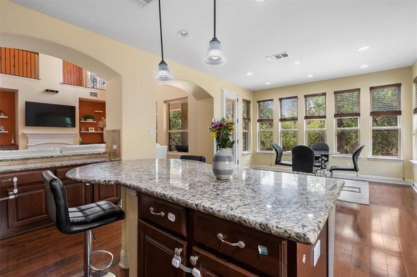 Dining room, Interior, Pendant Lights, Recessed Lighting, Wood Texture Flooring