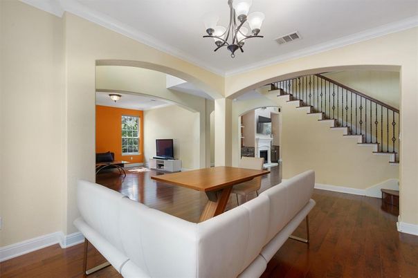 Chandelier, Dining room, Interior, Wood Texture Flooring