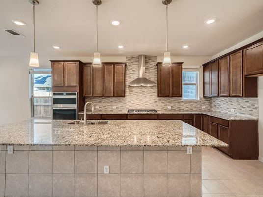 Interior, Kitchen, Pendant Lights, Recessed Lighting, Stainless Steel Appliances, Stone Walls
