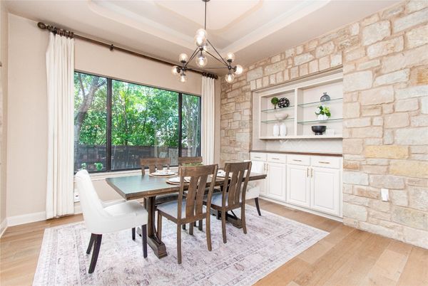 Dining room, Interior, Pendant Lights, Stone Walls, Wood Texture Flooring