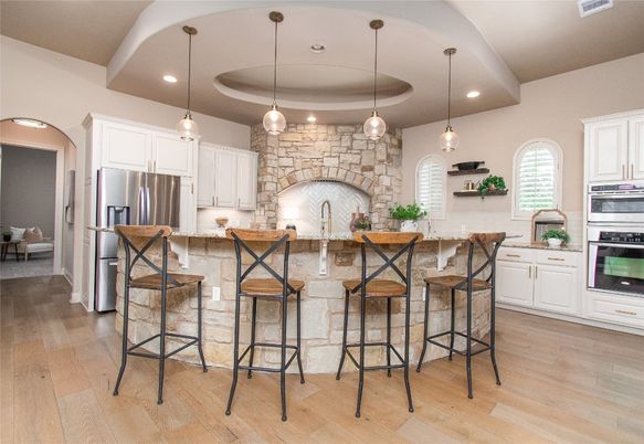 Interior, Kitchen, Pendant Lights, Recessed Lighting, Stainless Steel Appliances, Stone Walls, Wood Texture Flooring