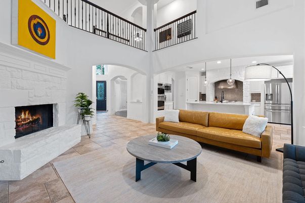 Fireplace, Interior, Kitchen, Living room, Pendant Lights, Recessed Lighting, Stainless Steel Appliances