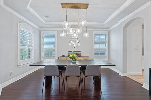 Dining room, Interior, Pendant Lights, Wood Texture Flooring