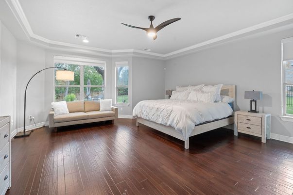 Bedroom, Interior, Recessed Lighting, Wood Texture Flooring
