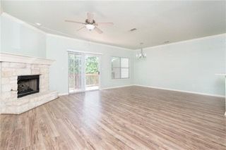 Empty room, Fireplace, Interior, Pendant Lights, Recessed Lighting, Wood Texture Flooring