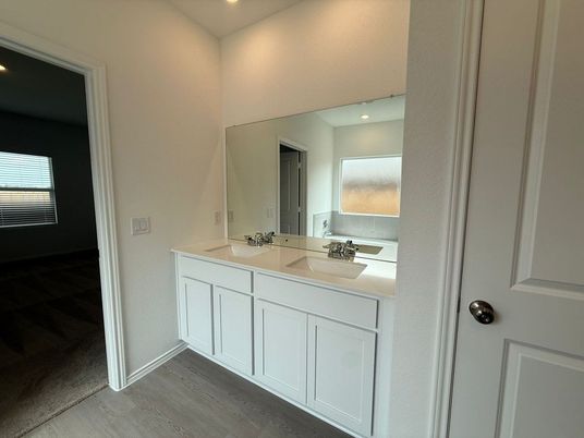 Bathroom, Dual Sink Vanities, Interior, Recessed Lighting, Wood Texture Flooring