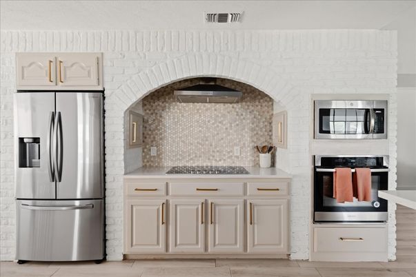 Interior, Kitchen, Stainless Steel Appliances, Stone Walls, Wood Texture Flooring