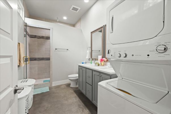 Bathroom, Glass Shower, Interior, Recessed Lighting, Washer
