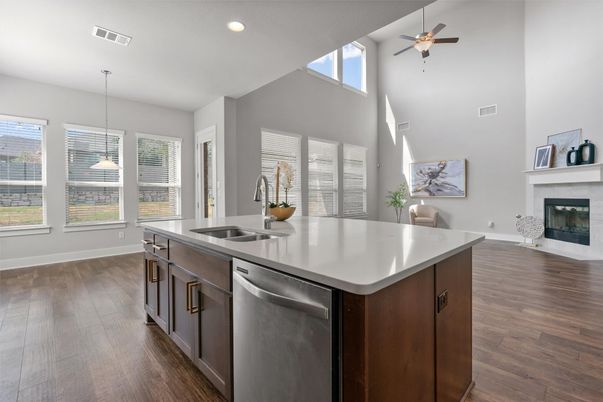 Dining room, Fireplace, Interior, Kitchen, Pendant Lights, Recessed Lighting, Wood Texture Flooring