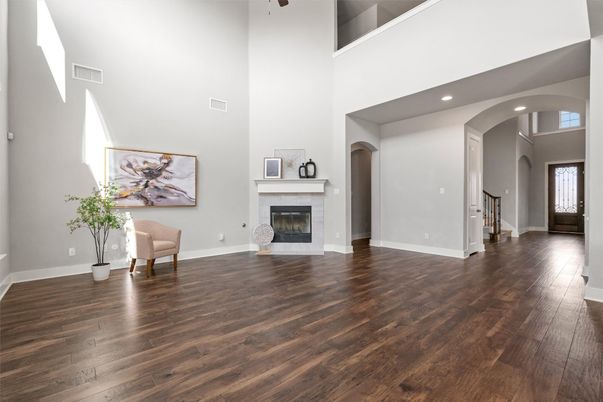 Fireplace, Interior, Recessed Lighting, Wood Texture Flooring