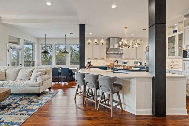Dining room, Interior, Kitchen, Living room, Pendant Lights, Recessed Lighting, Stainless Steel Appliances, Wood Texture Flooring