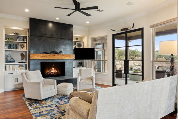 Fireplace, Interior, Living room, Recessed Lighting, Wood Texture Flooring