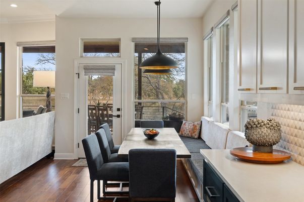 Dining room, Interior, Pendant Lights, Recessed Lighting, Wood Texture Flooring