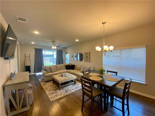 Chandelier, Dining room, Interior, Living room, Recessed Lighting, Wood Texture Flooring