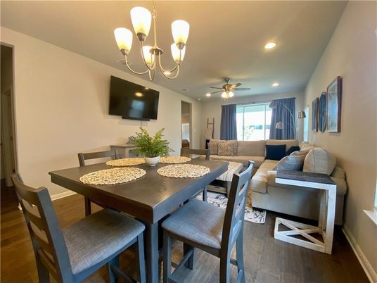 Chandelier, Dining room, Interior, Living room, Recessed Lighting, Wood Texture Flooring