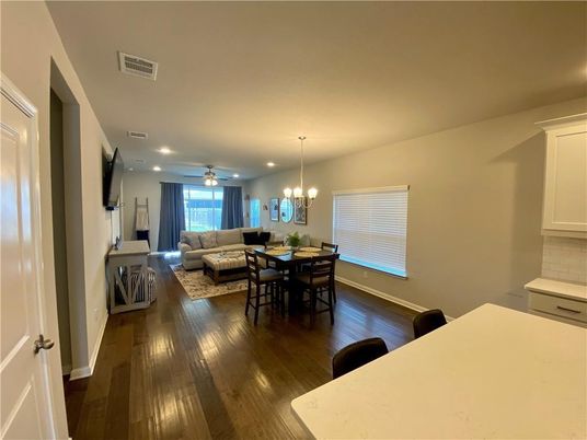 Chandelier, Dining room, Interior, Living room, Recessed Lighting, Wood Texture Flooring