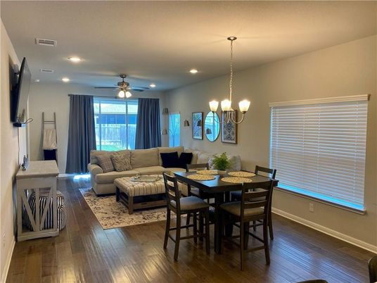 Chandelier, Dining room, Interior, Living room, Pendant Lights, Recessed Lighting, Wood Texture Flooring
