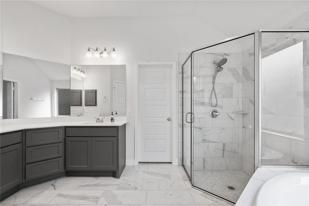 Bathroom, Dual Sink Vanities, Glass Shower, Interior, Marble, Marble Walls