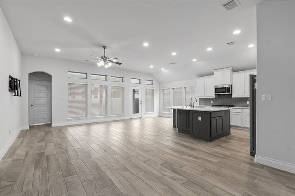 Empty room, Interior, Kitchen, Recessed Lighting, Wood Texture Flooring