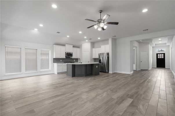 Interior, Kitchen, Recessed Lighting, Stainless Steel Appliances, Wood Texture Flooring